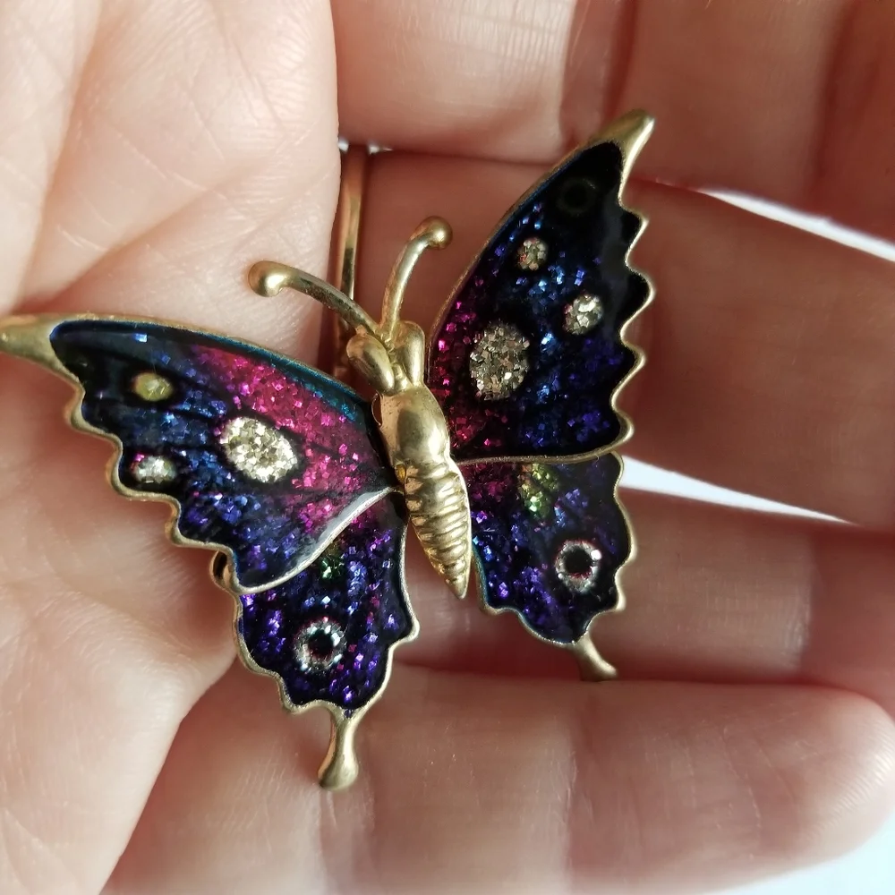Vintage butterfly brooch glitter enamel pink purple gold tone pin moth